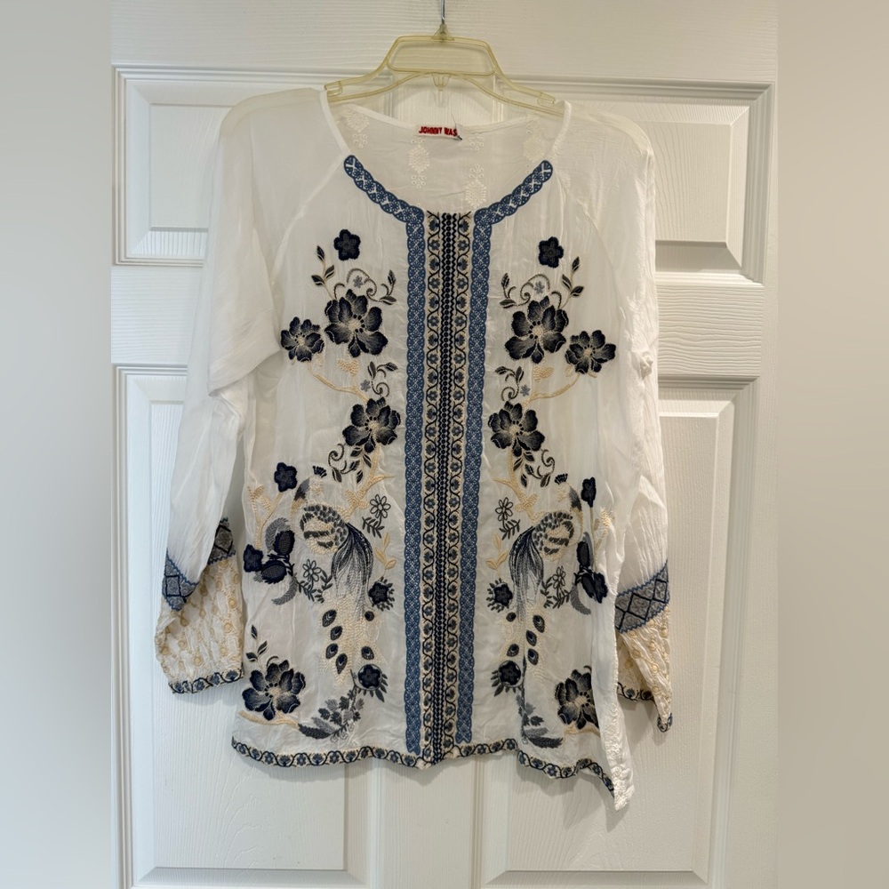 JOHNNY WAS Lauren Top White Blouse with Blue Embroidery Size Small Sheer